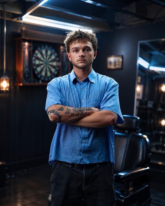 Tyler, barber at Bcuttery, in the studio.